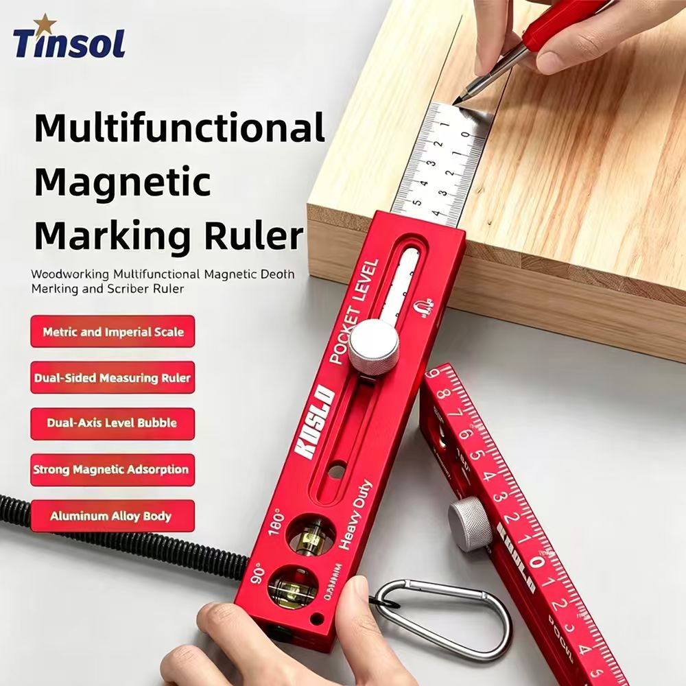 Woodworking Classes - TINSOL Multifunktions-Magnetlineal aus Aluminiumlegierung mit Wasserwaagenmarkierungen,