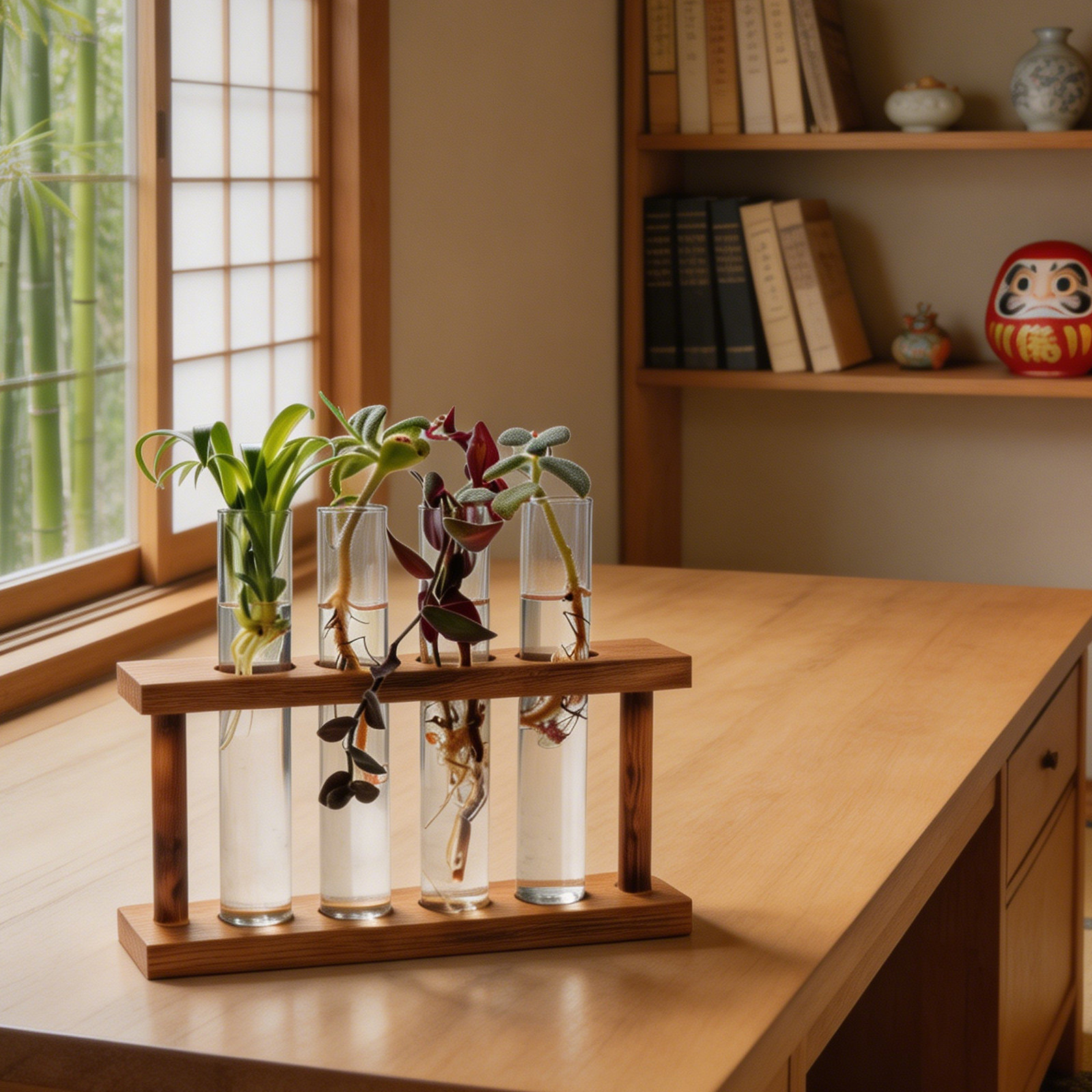 Woodworking Show - Holz-Pflanzenvermehrungsstation mit Glas-Reagenzglas-Vasenhalter Rustikaler Hydroponik-Präsentationsständer für